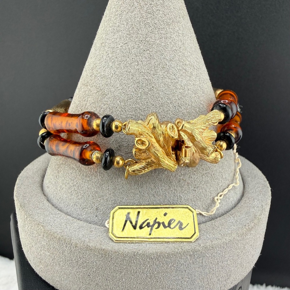 Vintage Napier Bracelet Bamboo Beaded 50s Glass Harper's Bazaar 7.5"